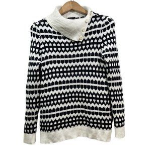 TALBOTS Womens Petite S Classic Geometric Button Neck Pullover Sweater Black